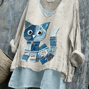 Women Cat Long Sleeve Blouse Spring/Fall Printing V Neck Daily Casual Top, JustFashionNow Blouses, color:Apricot|size:4XL,