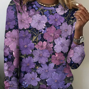Women Floral Long Sleeve Tee T-shirt Crew Neck Vintage Spring/Fall Top, JustFashionNow T-Shirts, color:As Picture|size:4XL,