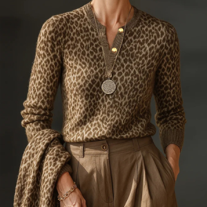 Plus Size Urban Leopard Buttoned V Neck Sweater, Plus Tops, color:Brown|size:4X, Stylewe