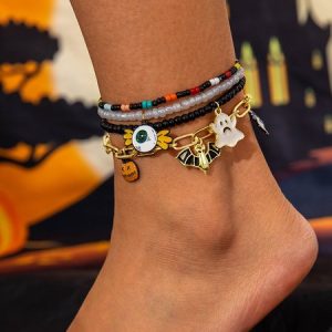 Colorful Rice Bead Ghost Pumpkin Bat Anklet Five-piece Set Dark Funny Skull Halloween Foot Ornaments Five-piece Set, JustFashionNow Anklets, color:Color3|size:One-size,