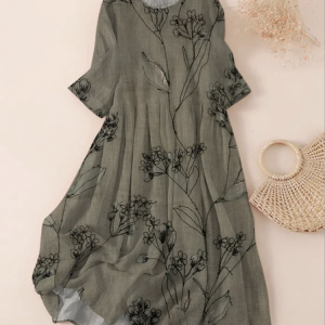 Women Floral Spring/Fall Dress Crew Neck Three Quarter Sleeve A-Line Dress, Maxi, color:Green|size:5XL, catalog Noracora shop