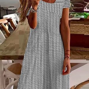 Women Sundress Vacation Striped Short Sleeve Comfy Casual Short Dress, Short, color:Gray|size:XXL, catalog Noracora shop