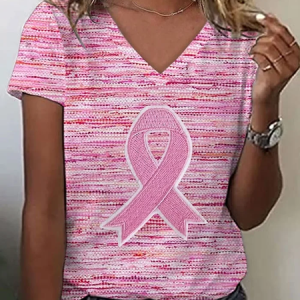 Women Pink Ribbon Print Short Sleeve Tee T-shirt V Neck Casual Summer Graphic Tee Top, JustFashionNow T-Shirts, color:Pink|size:XXL,