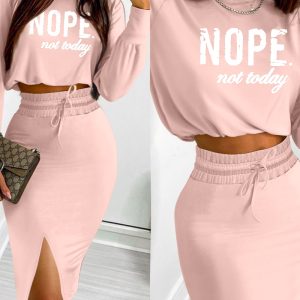 2 Pieces Outfit NOPE. not today Slogan Print Long Sleeve Stretchy Hem Crop Top and High Waist Drawstring Elastic Waist Slit Casual Skirt Set, women Two-piece Sets, ChicMe catalog