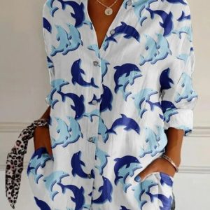 Women Cute Dolphins Art Print Long Sleeve Cotton Casual Shirt, T-shirts, color:Blue|size:5XL, catalog Noracora shop