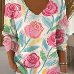 Women Cotton Floral Long Sleeve Comfy Casual Sweater, Sweaters, color:White|size:4XL, catalog Noracora shop