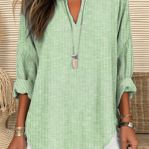 V Neck Long Sleeve Striped Printing Regular Loose Blouse For Women, Blouses, color:Green|size:XXL, catalog Noracora shop