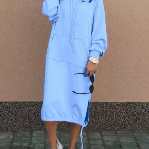 Women Plain Long Sleeve Spring/Fall Split Joint Dress Hooded Daily Vintage Maxi Hoodie Dress A-Line Dress, JustFashionNow Dresses, color:Sky Blue|size:XXL,