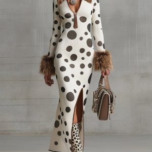 Elegant Polka Dots Side-Slit Shawl Collar Sweater Maxi Dress, Midi Dresses, color:As Picture|size:XXL, Stylewe