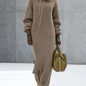 Casual Plain Raglan Sleeve Turtleneck Sweater Maxi Dress, Maxi Dresses, color:As Picture|size:XXL, Stylewe