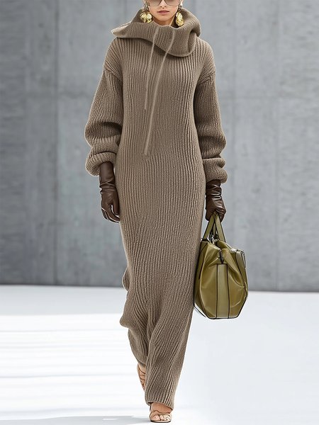 Casual Plain Raglan Sleeve Turtleneck Sweater Maxi Dress, Maxi Dresses, color:As Picture|size:XXL, Stylewe