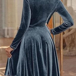 Women Plain Short Sleeve Summer Split Joint Dress Crew Neck Party Vintage Midi Party Dress A-Line Dress, JustFashionNow Dresses, color:Lake Blue|size:XXL,