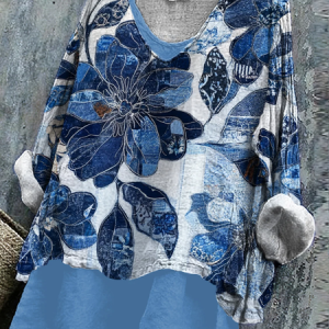 Women Floral Long Sleeve Blouse Spring/Fall Printing V Neck Daily Casual Top, JustFashionNow Blouses, color:Blue|size:4XL,