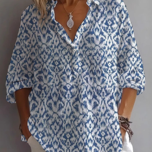 Women Geometric Long Sleeve Shirt Spring/Fall Printing Shirt Collar Daily Casual Top, JustFashionNow Shirts, color:Blue|size:5XL,