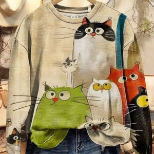 Women's Cute Cat Art Print Casual Crew Neck Sweatshirt, Hoodies & Sweatshirts, color:Apricot|size:5XL, catalog Noracora shop