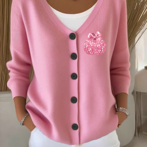 Women Pumpkin Pattern Casual Spring/Fall Printing Cardigan, JustFashionNow Cardigans, color:Pink|size:5XL,