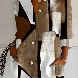 Women Abstract Long Sleeve Shirt Spring/Fall Buckle Shirt Collar Regular Sleeve Daily Casual Top, JustFashionNow Shirts, color:Brown|size:XXL,
