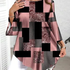 Casual Color Block Crew Neck Long Sleeve T-shirt, T-shirts, color:Pink|size:5XL, catalog Noracora shop