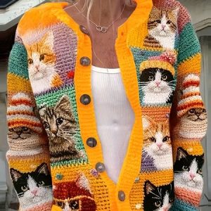 Women Knitted Multicolor Block Long Sleeve Comfy Vintage Cardigan, Cardigans, color:As Picture|size:5XL, catalog Noracora shop