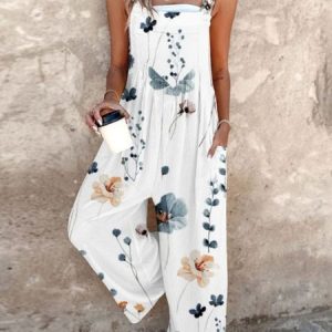 Women Floral Square Neck Gallus Casual Summer Cotton And Linen Jumpsuit, JustFashionNow Jumpsuits＆Rompers, color:White|size:4XL,