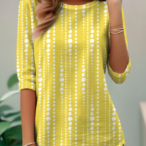 Casual Polka Dots Crew Neck Long Sleeve T-shirt, T-shirts, color:Yellow|size:XXL, catalog Noracora shop