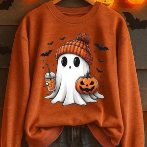 Vintage Crew Neck Halloween Cute Ghost Print Sweatshirt, Hoodies & Sweatshirts, color:Orange|size:5XL, catalog Noracora shop
