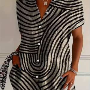 Shirt Collar Short Sleeve Abstract Stripes Printing Regular Micro-Elasticity Loose Button Up Shirt Shirt For Women, Shirts, color:Khaki|size:5XL, catalog Noracora shop