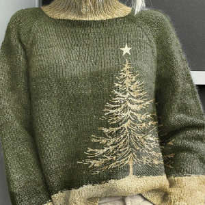 Women Christmas Printing Spring/Fall Vintage Long Sleeve Turtleneck Sweater, JustFashionNow Sweaters, color:Green|size:4XL,