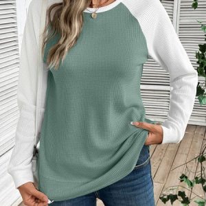 Casual Color Block Crew Neck Long Sleeve T-shirt, T-shirts, color:Green|size:XXL, catalog Noracora shop