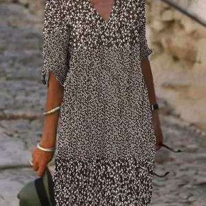 Women Floral Half Sleeve Summer Printing Dress V Neck Daily Casual Mini Shift Dress H-Line Dress, JustFashionNow Casual Dresses, color:Brown|size:3XL,