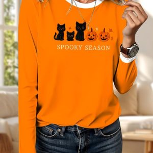 Vintage Animal Crew Neck Long Sleeve T-shirt, T-shirts, color:Orange|size:4XL, catalog Noracora shop