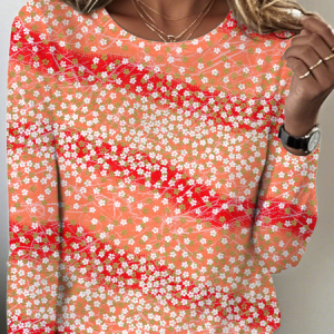 Vintage Floral Crew Neck Long Sleeve T-shirt, T-shirts, color:Light Orange|size:XXL, catalog Noracora shop