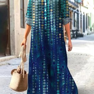 Women Geometric Spring/Fall Dress V Neck Long Sleeve Shirt Dress A-Line Dress, Maxi, color:Blue|size:3XL, catalog Noracora shop