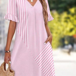 Women Plain Summer Dress V Neck Short Sleeve Fit & Flare Dress A-Line Dress, Midi, color:Pink|size:4XL, catalog Noracora shop