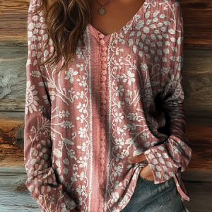 Women Floral Long Sleeve Tee T-shirt V Neck Printing Casual Spring/Fall Graphic Tee Top, JustFashionNow T-Shirts, color:Pink|size:XXL