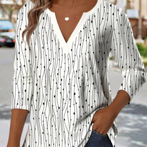 V Neck Long Sleeve Striped Regular Medium Elasticity Loose Blouse For Women, Blouses, color:White|size:XXL, catalog Noracora shop