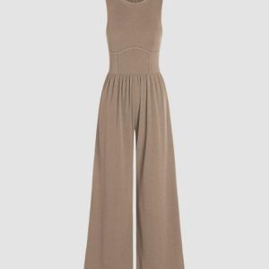 Women Plain Crew Neck Sleeveless Casual Summer Jumpsuit, JustFashionNow Jumpsuits＆Rompers, color:Camel|size:3XL,