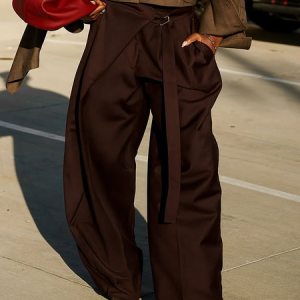 Urban Plain Grommets Wide Leg Pants, Pants, color:Brown|size:XXL, Stylewe