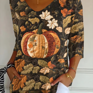 Women Halloween Pumpkin Floral Print Three Quarter Sleeve Tee T-shirt V Neck Festival Spring/Fall Graphic Tee Top, JustFashionNow T-Shirts, color:As Picture|size:5XL