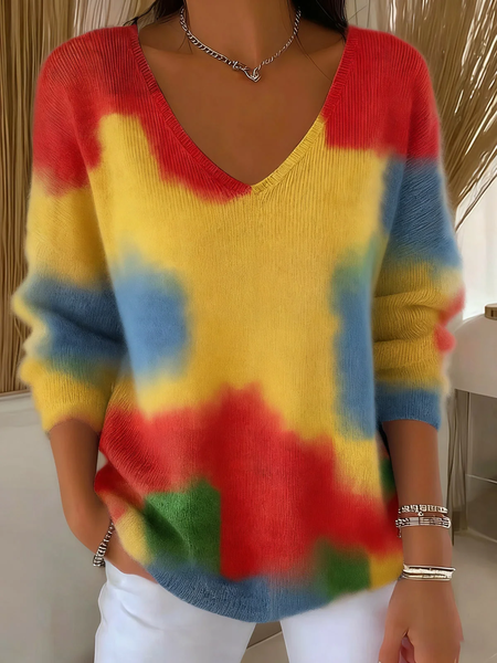 Women Abstract Long Sleeve Tee T-shirt V Neck Printing Casual Spring/Fall Top, JustFashionNow T-Shirts, color:As Picture|size:4XL - Image 2