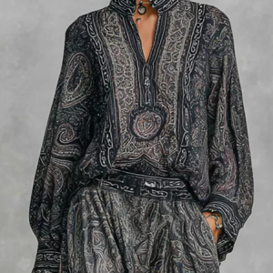 Casual Paisley Balloon Sleeve Blouse, Blouses and Shirts, color:Gray|size:XXL, Stylewe