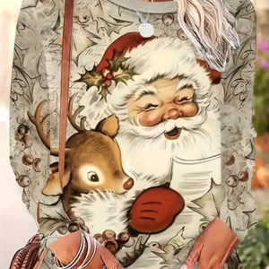 Women Santa Claus Long Sleeve Tee T-shirt Crew Neck Printing Casual Spring/Fall Graphic Tee Top, JustFashionNow T-Shirts, color:Oatmeal|size:XXL,
