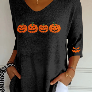 Casual Halloween (pumpkin) V Neck Three Quarter Sleeve T-shirt, T-shirts, color:Black|size:5XL, catalog Noracora shop