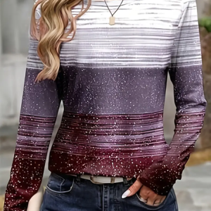 Women Striped Long Sleeve Tee T-shirt Crew Neck Printing Casual Spring/Fall Graphic Tee Top, JustFashionNow T-Shirts, color:Purple|size:XXL,