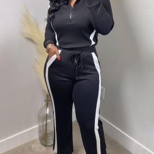 2 Pieces Outfit Half Zip Long Sleeve Top and Drawstring Elastic Waist Pants Set Casual Contrast Paneled Side Set, women Two-piece Sets, ChicMe catalog