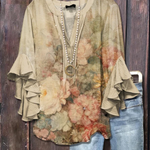 Women Floral Half Sleeve Shirt Summer Printing V Neck Daily Casual Top, JustFashionNow Shirts, color:Oatmeal|size:4XL,