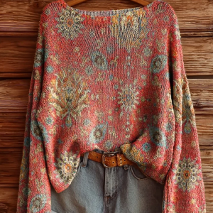 Women's Floral Print Casual Long Sleeve Top, JustFashionNow Sweaters, color:Orange Pink|size:4XL,