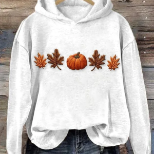 Casual Hoodie Maple Leaf Pumpkins Art Print Top, Hoodies & Sweatshirts, color:White|size:5XL, catalog Noracora shop