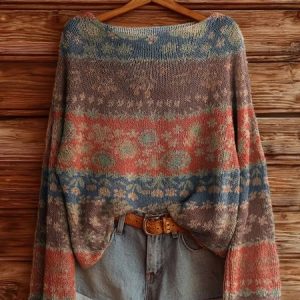 Women Ethnic Long Sleeve Comfy Vintage Sweater, Sweaters, color:Brown|size:4XL, catalog Noracora shop