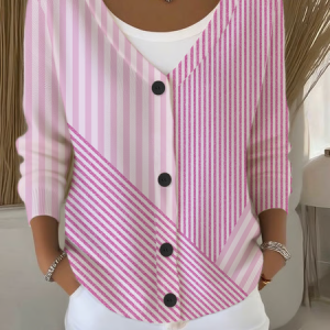 Women Striped Long Sleeve V Neck Casual Spring/Fall Cardigan Outerwear, JustFashionNow Cardigans, color:Pink|size:5XL,